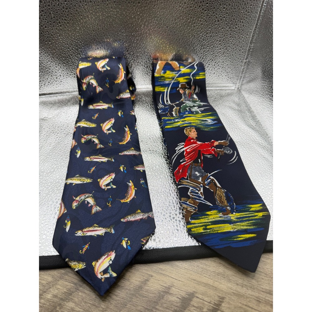 Lot of 2 Mens Fishing Ties Steven Harris Trout American Sports Fly Fishing Navy